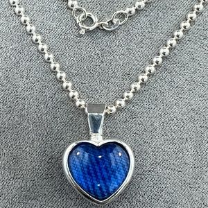 Silver Bead Necklace with rotating Denim Heart Glass Cabochon Pendant